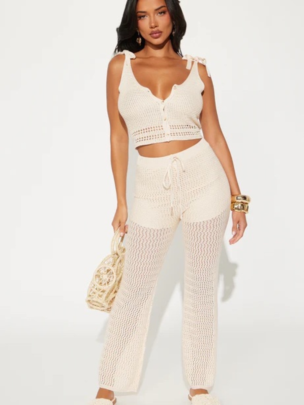 Fashion Nova Carrie Crochet Pant Set - Natural